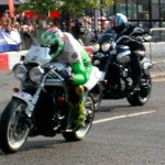 Kevin Carmichael racing a Triumph Rocket up the Brackley Highstreet